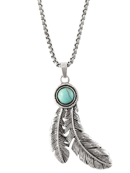 Faux Turquoise Feather Necklace – Silver Tone, 28&quot; + 3&quot; Adjustable Chain