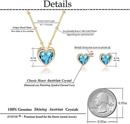 Austrian Crystal Heart Pendant Necklace &amp; Earrings Set – 14K Gold Plated Hypoallergenic Jewelry for Women
