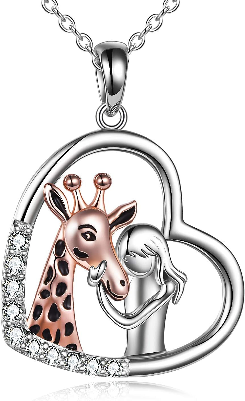 Giraffe &amp; Girl Heart Pendant Necklace – 925 Sterling Silver