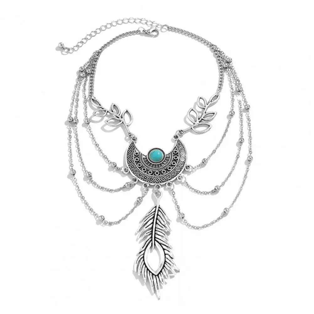 Women’s Arm Chain Feather Shape Bohemian Retro Leaf Tassel Faux Turquoise Arm Bracelet – Beach Party &amp; Wedding Jewelry Accessory