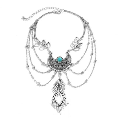 Women’s Arm Chain Feather Shape Bohemian Retro Leaf Tassel Faux Turquoise Arm Bracelet – Beach Party &amp; Wedding Jewelry Accessory
