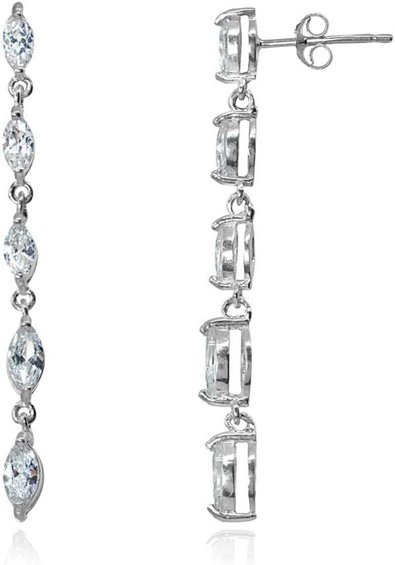 Sterling Silver Marquise-Cut Cubic Zirconia Long Dangle Drop Earrings – Elegant Statement Jewelry for Women