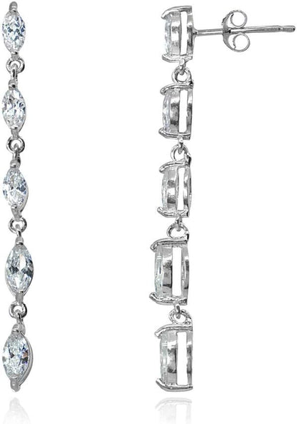 Sterling Silver Marquise-Cut Cubic Zirconia Long Dangle Drop Earrings – Elegant Statement Jewelry for Women