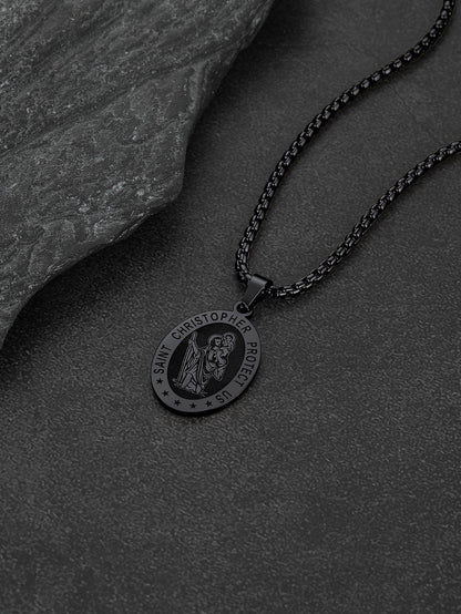 Saint/St. Christopher Pendant Necklace for Men Women Stainless Steel Catholic Christian Oval Medal Blessings Amulet Black Men Jewelry Gift for Dad Grandpa Fathers Day