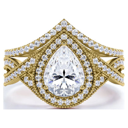 1.5 Carat Pear Cut Moissanite Wedding Set – Art Deco Halo Bridal Ring in 18K Yellow Gold over Silver