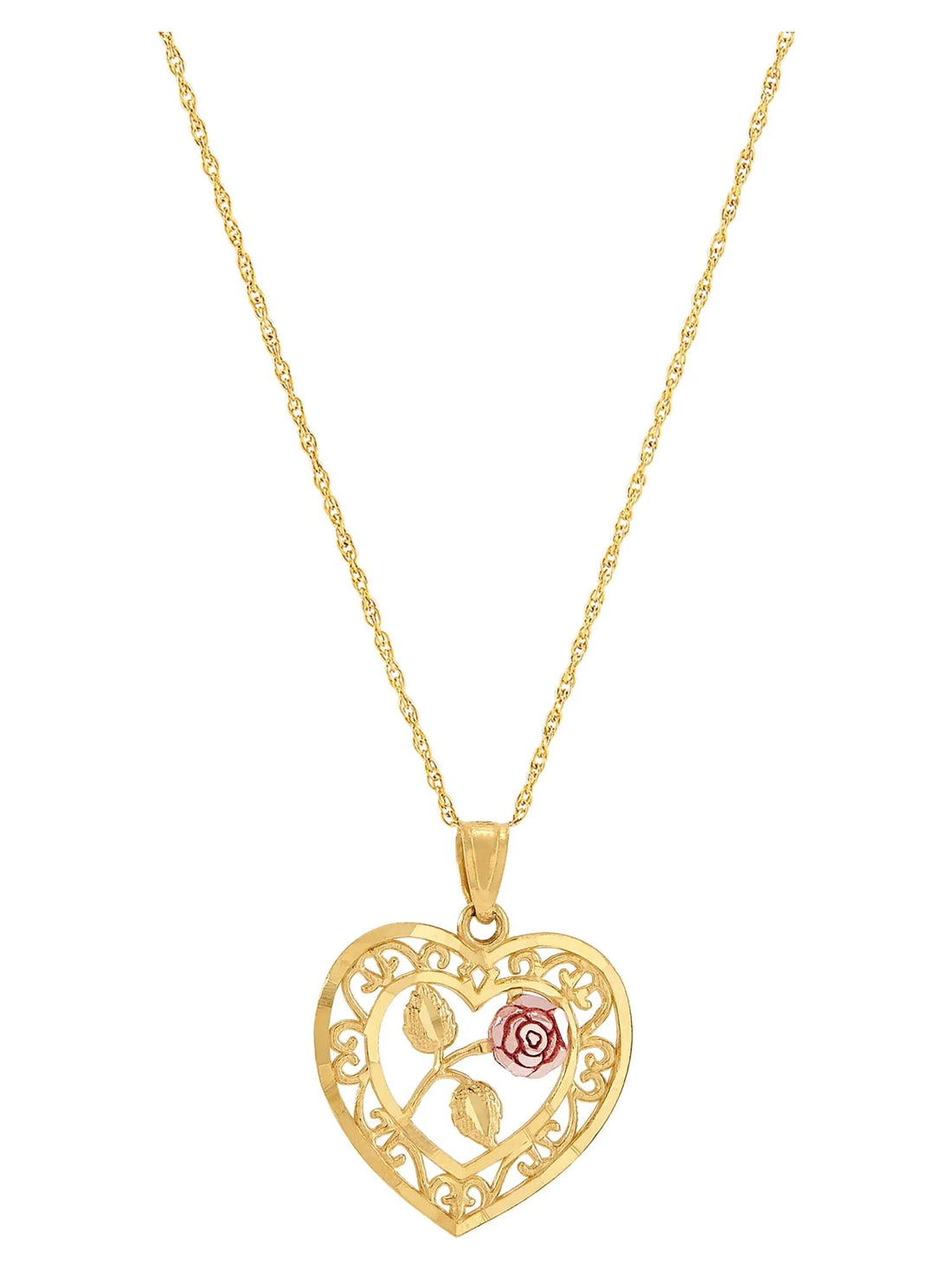 10K Two-Tone Gold Heart Flower Pendant Necklace – 18&quot; Gold-Filled Chain