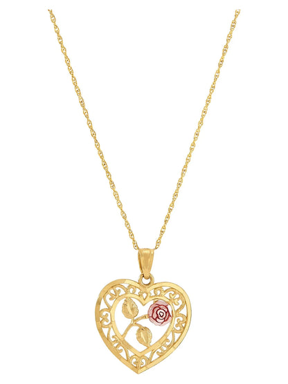 10K Two-Tone Gold Heart Flower Pendant Necklace – 18&quot; Gold-Filled Chain