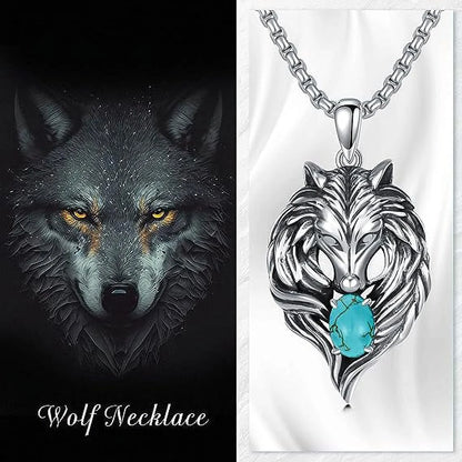 Wolf Necklace – 925 Sterling Silver with Turquoise Pendant, Men’s Wolf Jewelry Gift
