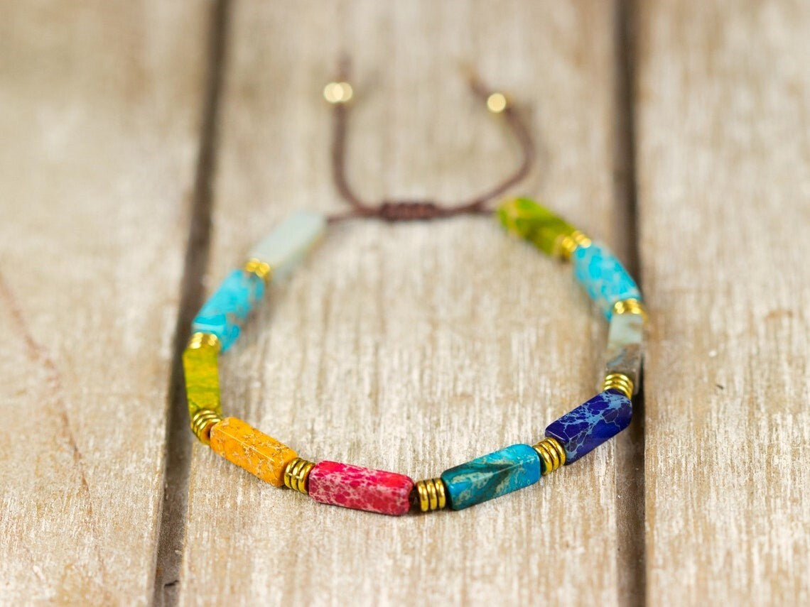 7-Chakra Natural Tube Stone Bracelet – Handmade Adjustable Yoga &amp; Healing Bracelet