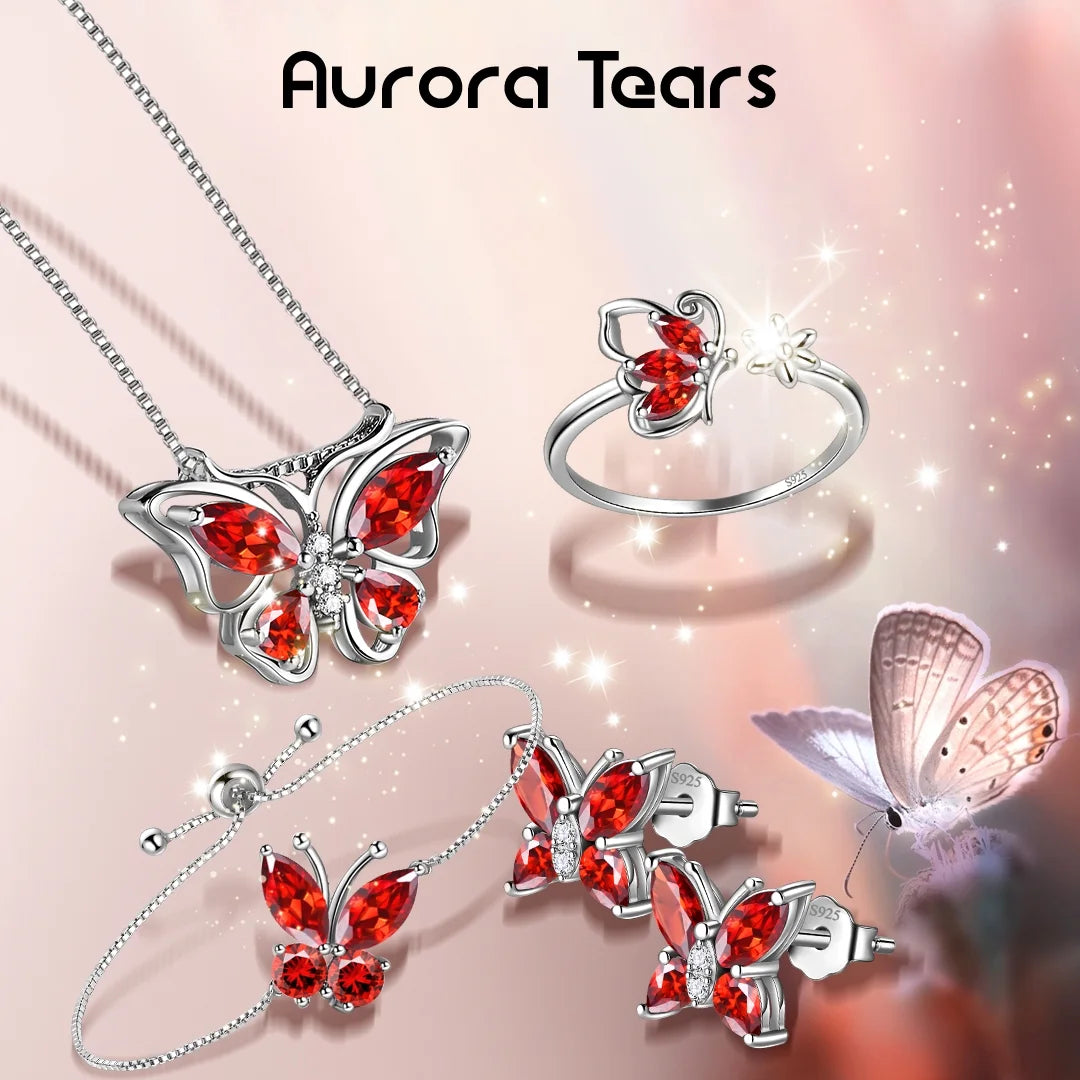 January Birthstone Jewelry Set – Red Butterfly Garnet Necklace, Earrings, Ring &amp; Bracelet in Sterling Silver for Women