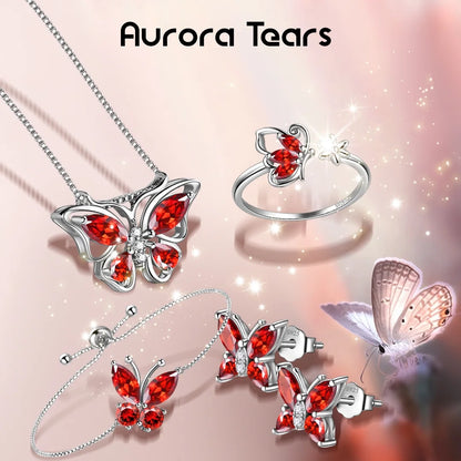 January Birthstone Jewelry Set – Red Butterfly Garnet Necklace, Earrings, Ring &amp; Bracelet in Sterling Silver for Women