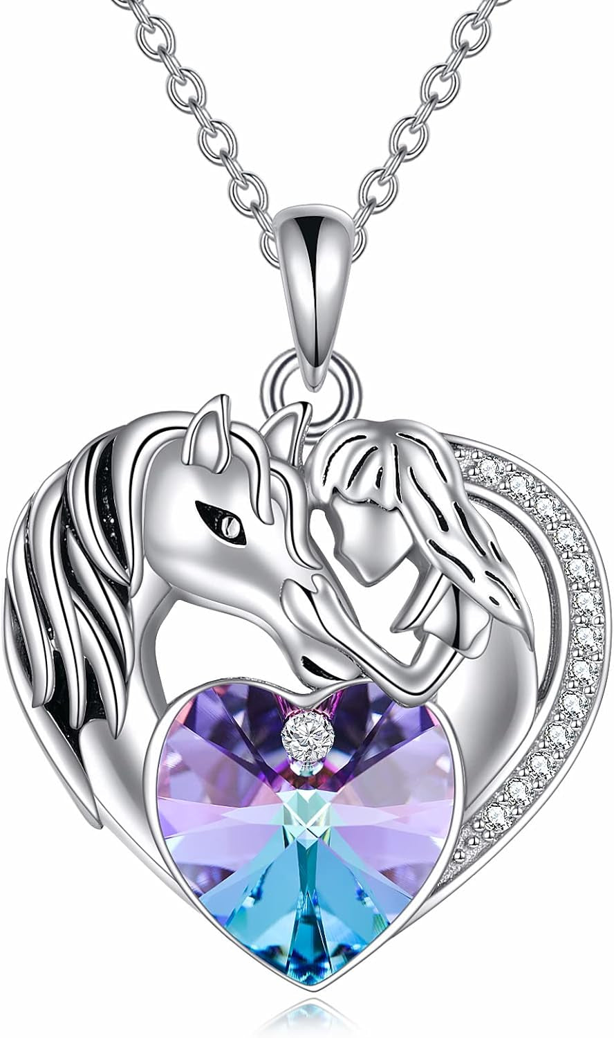 Purple Heart &amp; Horse Pendant Necklace – Sterling Silver Animal Lover Gift for Her