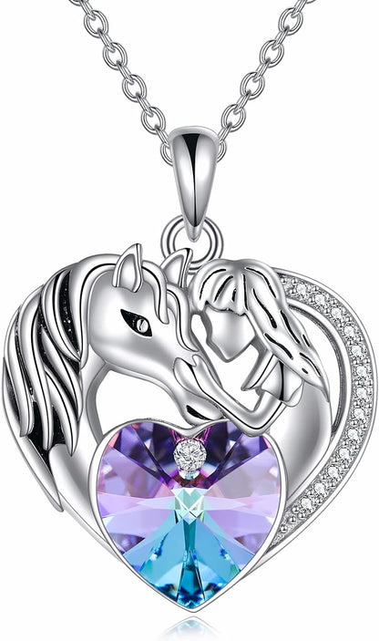 Purple Heart &amp; Horse Pendant Necklace – Sterling Silver Animal Lover Gift for Her