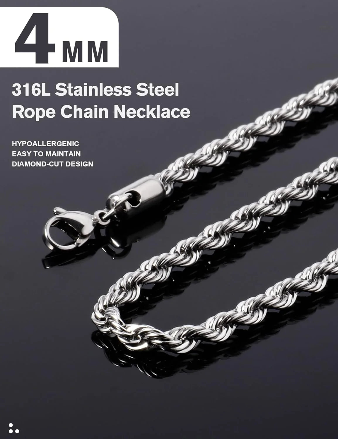 Gold Rope Chain Necklace for Men &amp; Women – 18K Gold Plated Stainless Steel, 2.5mm, 3mm &amp; 4mm