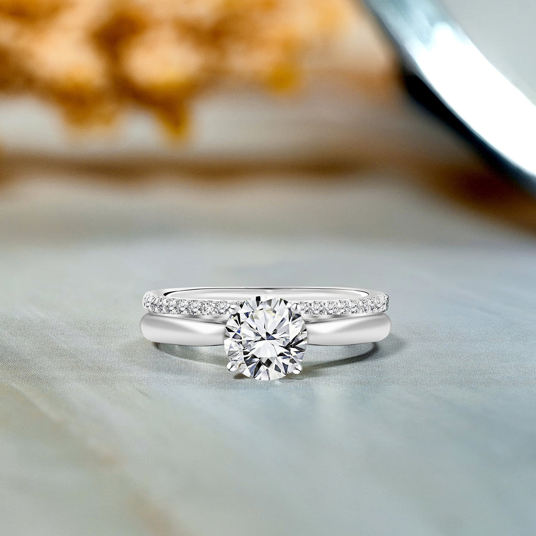 1.25 Ct Round Cut Moissanite Wedding &amp; Engagement Ring Set – 18K White Gold over Silver