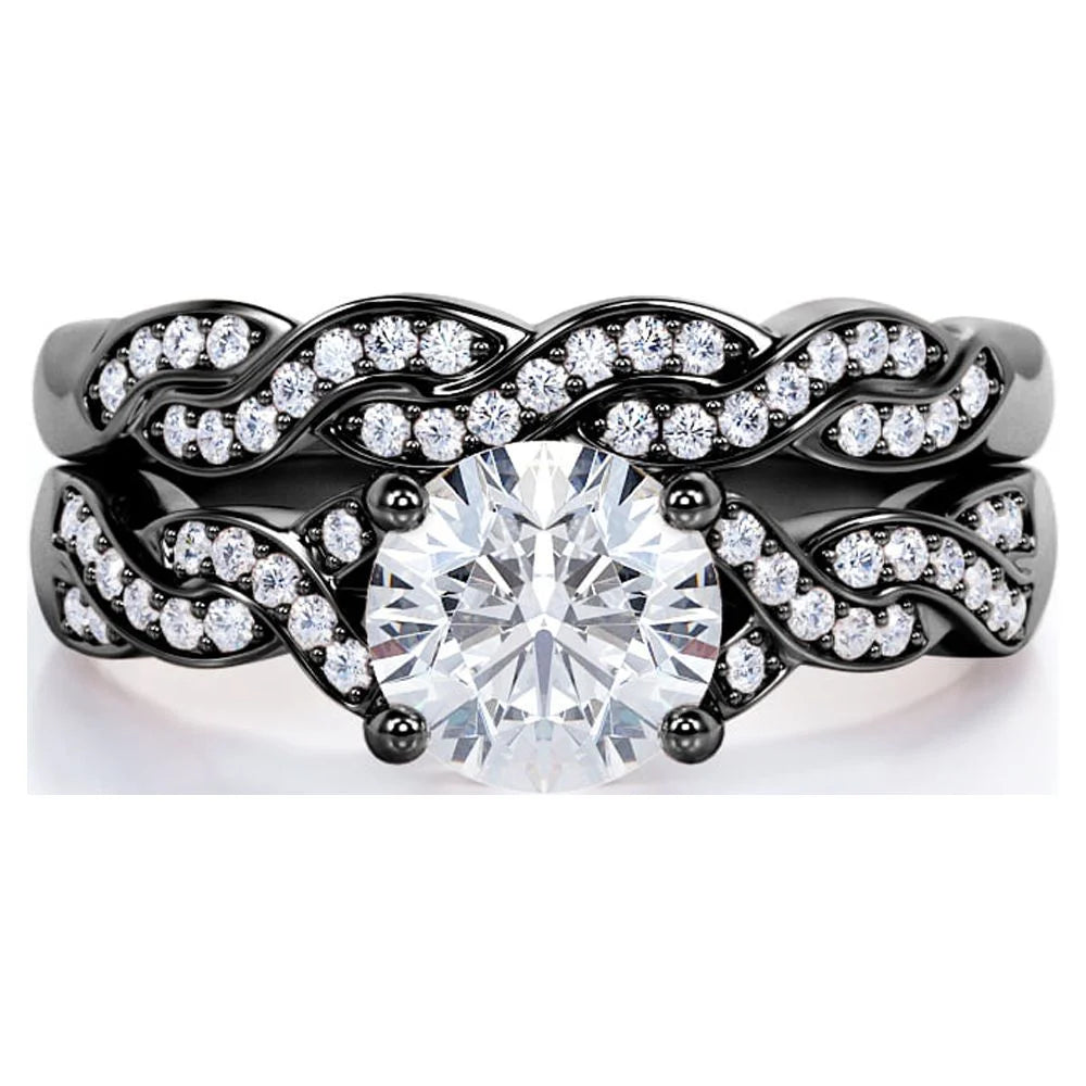 1.25 Carat Round Cut Moissanite Wedding Set – Infinity Bridal &amp; Promise Ring in 18K Black Gold Plating