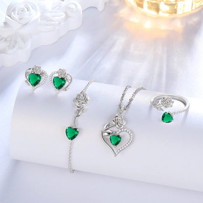 Rose Heart Jewelry Set – May Birthstone Rose Flower Necklace, Earrings, Ring &amp; Bracelet in 925 Sterling Silver | Gift for Women, Mom