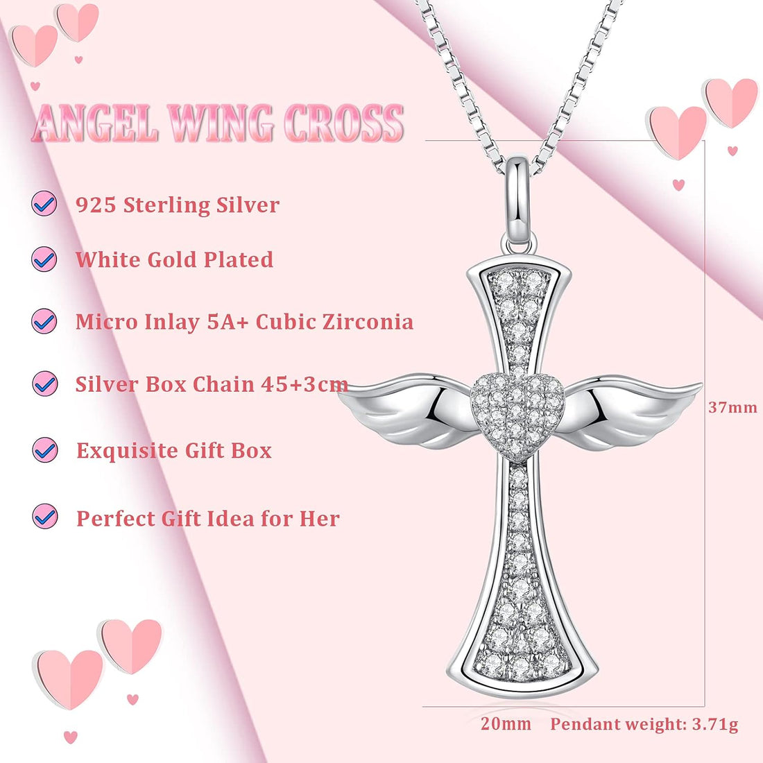 Angel Wing Cross Necklace for Women 925 Sterling Silver Infinity Cross Pendant Cross Jewelry for Women with Gift Box, Chain 18 Inch