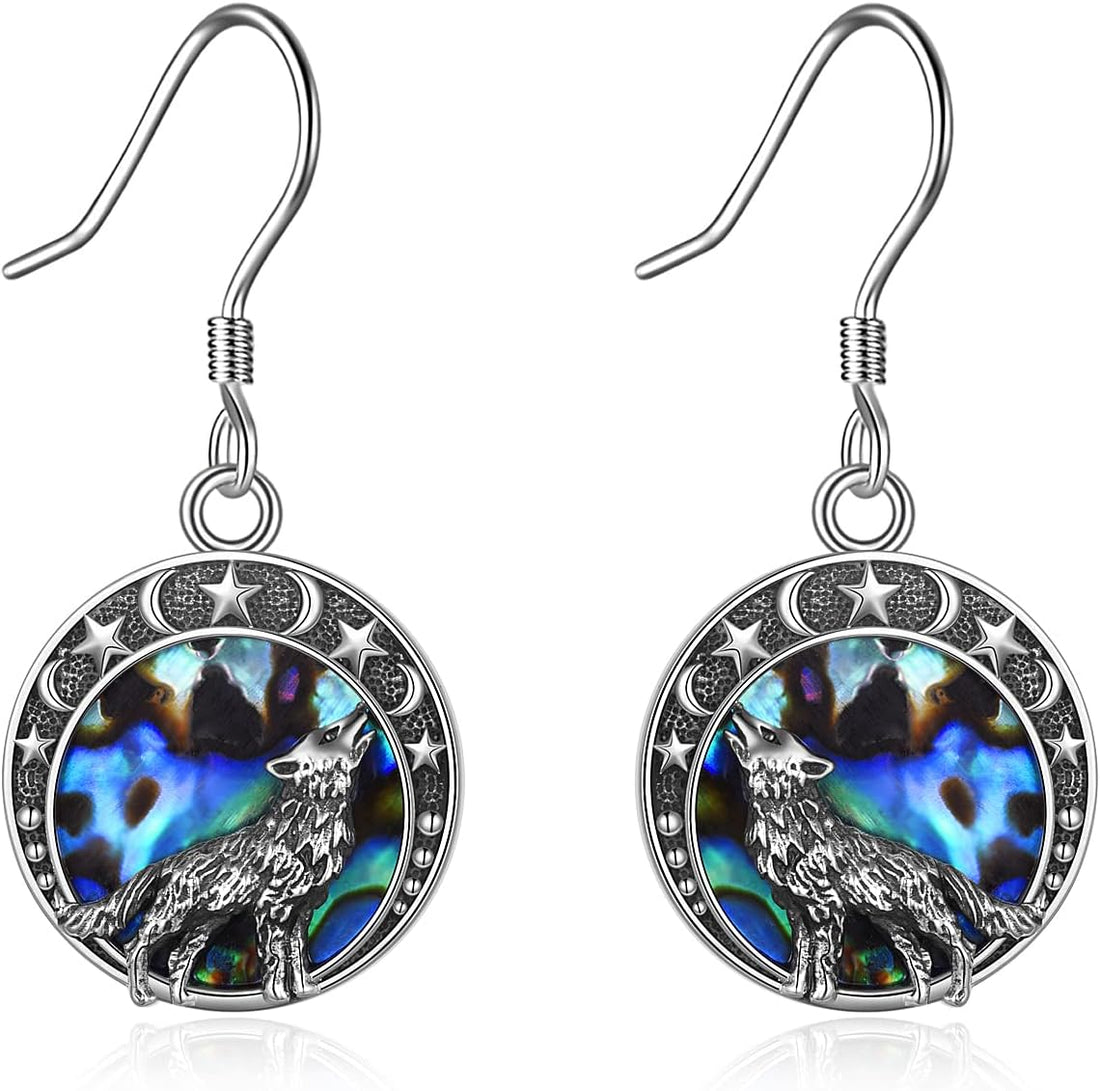 Sterling Silver Wolf Moon Star Dangle Earrings – Jewelry Gift for Women, Christmas &amp; Special Occasions