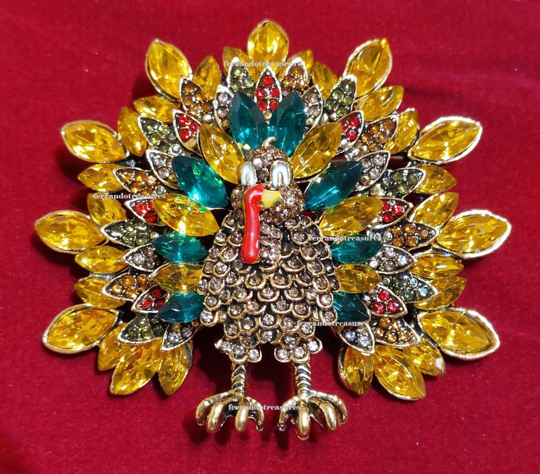 Turkey Thanksgiving Day Fall Crystal Rhinestone Brooch Pin with Velvet Bag