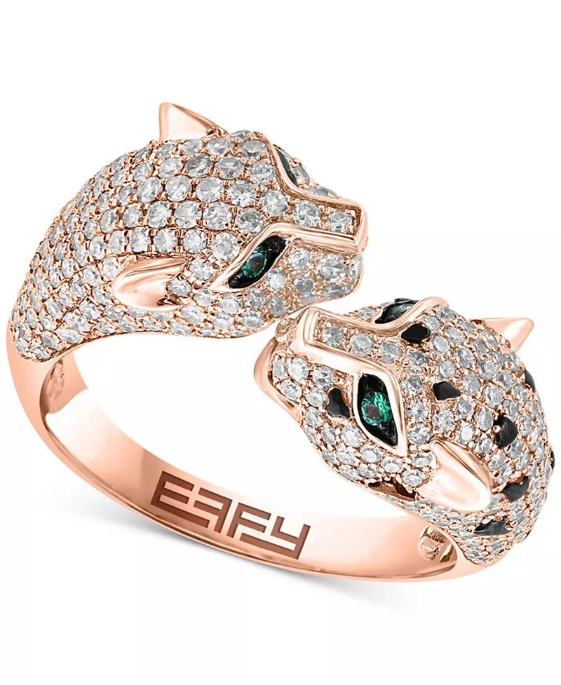 EFFY® Diamond &amp; Emerald Double Panther Head Ring in 14K Rose Gold