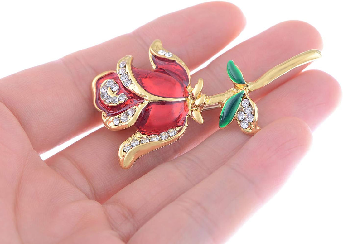 Women’s Belle Red, White &amp; Purple Rose Flower Enamel Crystal Rhinestone Brooch – Gold-Tone Elegant Pin