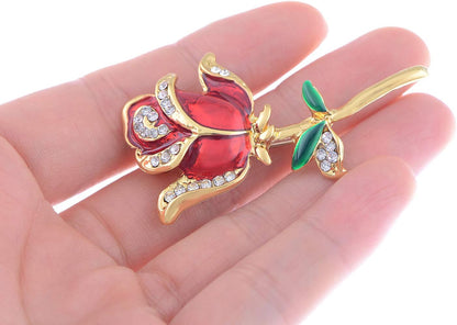 Women’s Belle Red, White &amp; Purple Rose Flower Enamel Crystal Rhinestone Brooch – Gold-Tone Elegant Pin