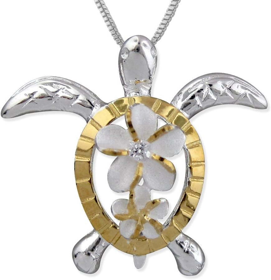 Sterling Silver Turtle &amp; Plumeria Pendant Necklace – 16&quot; + 2&quot; Extender