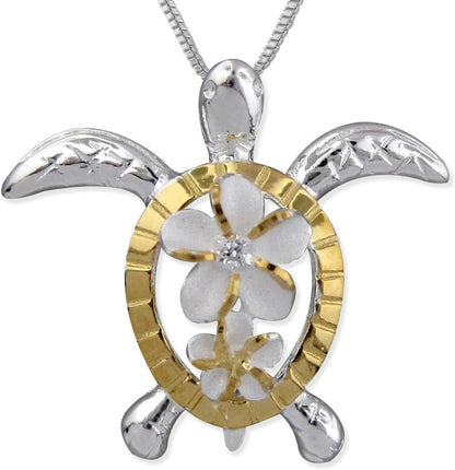 Sterling Silver Turtle &amp; Plumeria Pendant Necklace – 16&quot; + 2&quot; Extender