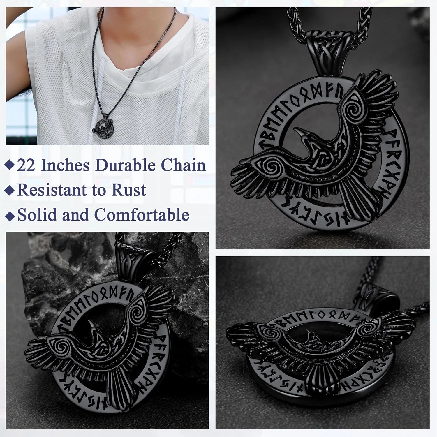 🛡️ Viking Raven Necklace for Men – Black Stainless Steel Norse Rune Pendant | Retro Crow Amulet Jewelry Gift for Friends, Sons, Grandsons, or Birthdays