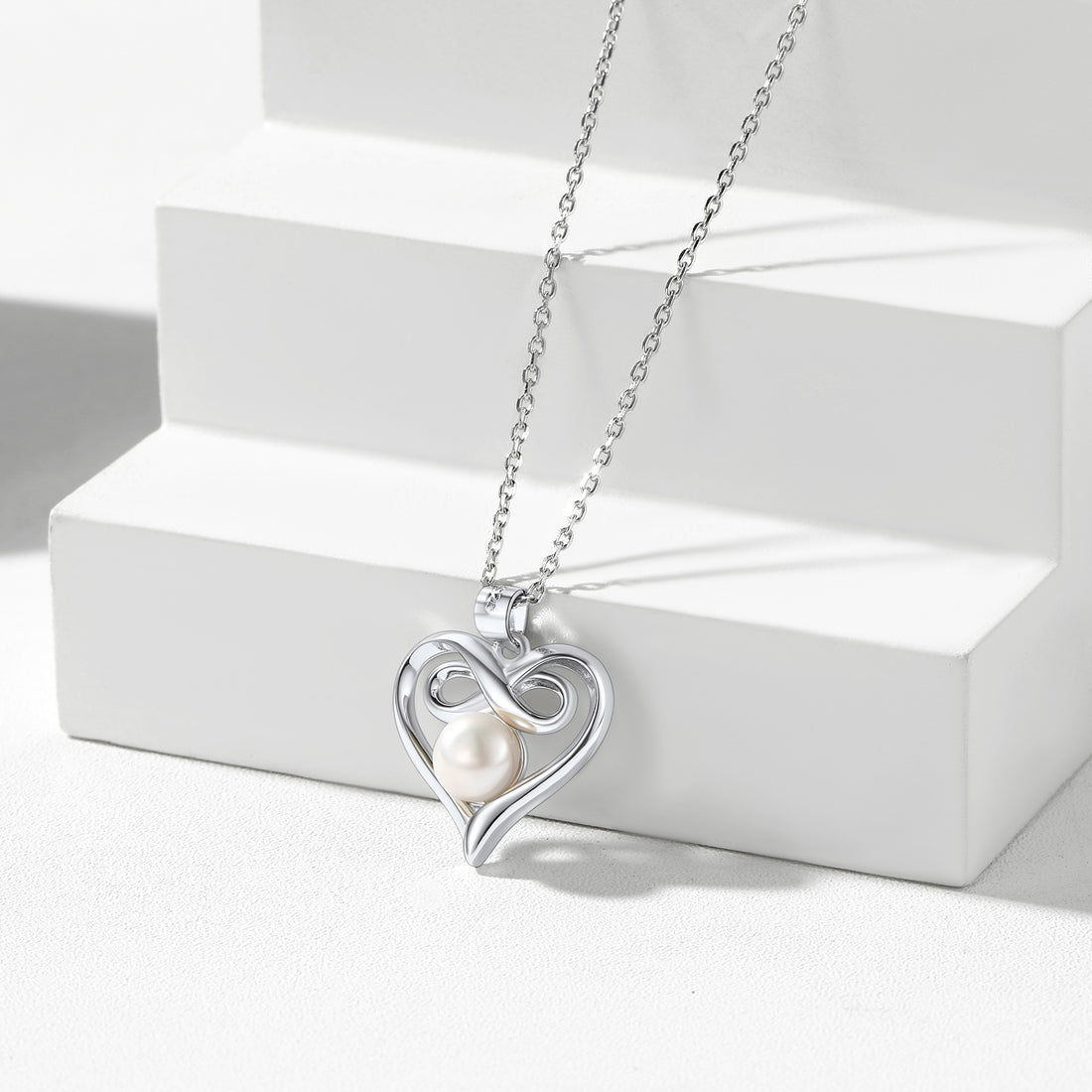 Sterling Silver Heart Infinity Necklace with Freshwater Pearl – Elegant Gift for Her
