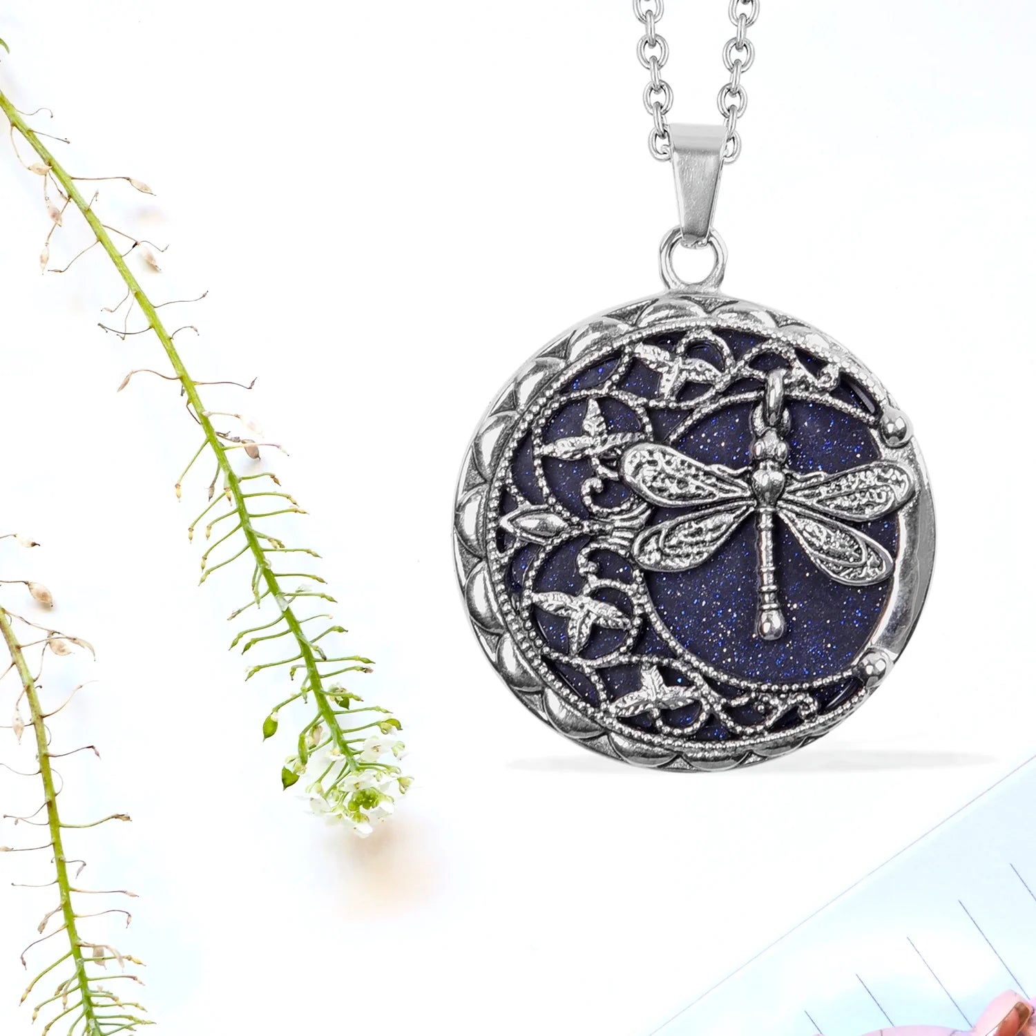 Blue Sandstone Dragonfly Pendant Necklace for Women – 20” Trendy Beachy Jewelry
