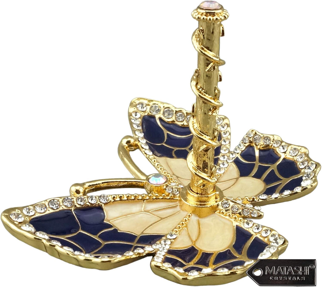 Blue Enamel &amp; Gold Plated Butterfly Jewelry Stand Organizer Ring Holder with Sparkling Crystals