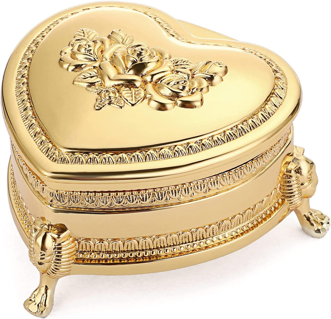 Vintage Metal Jewelry Box – Antique Flower Carved Heart-Shaped Trinket Organizer for Women