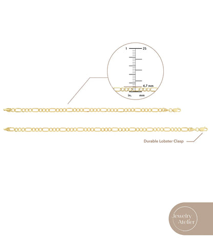 14K Solid Yellow Gold Filled Figaro Chain Bracelets – Unisex Collection, Multiple Sizes, 4.7mm