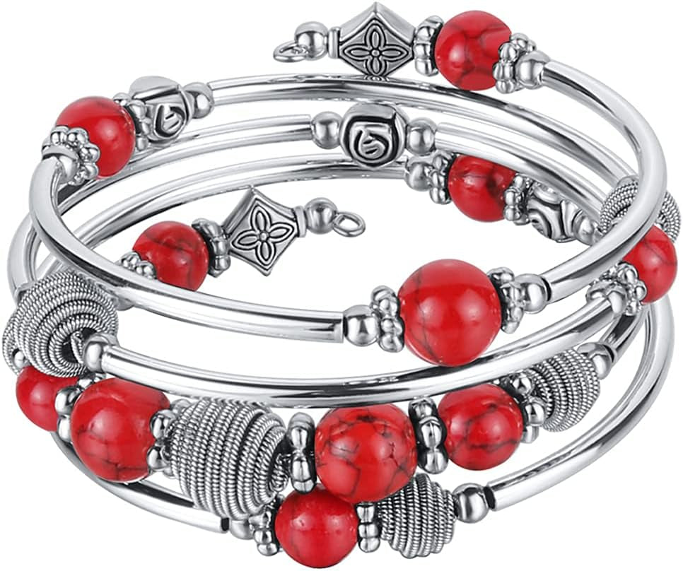 Beaded Chakra Turquoise Wrap Bracelet – Fashion Jewelry with Thick Silver &amp; Mala Beads, Gift for Women