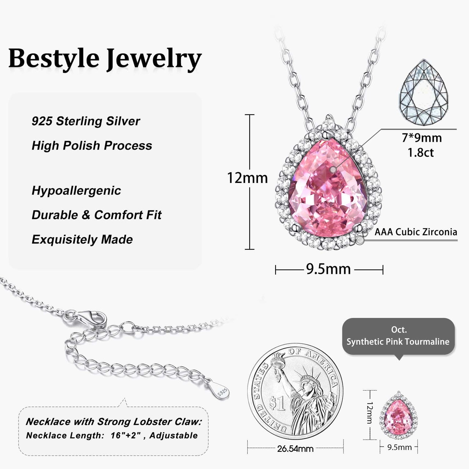 Created Diamond October Tourmaline Teardrop Birthstone Pendant Necklace – Women’s Sterling Silver CZ Jewelry Gift