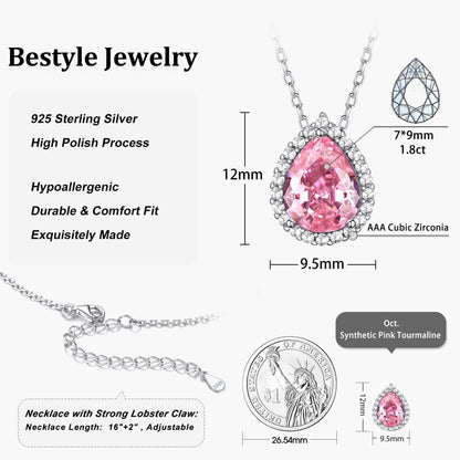 Created Diamond October Tourmaline Teardrop Birthstone Pendant Necklace – Women’s Sterling Silver CZ Jewelry Gift