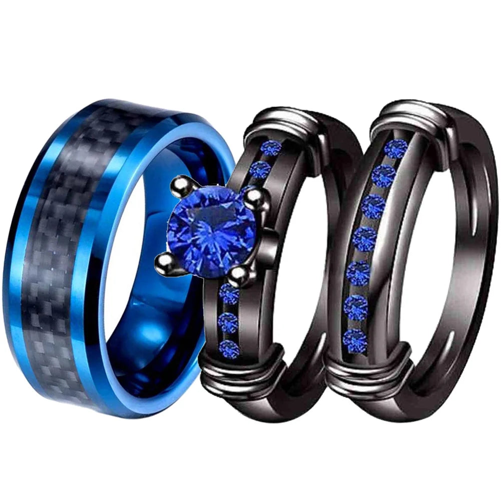 Matching Couple Rings – Black Gold Plated 1CT Blue CZ Wedding Ring Set with Male Ring
