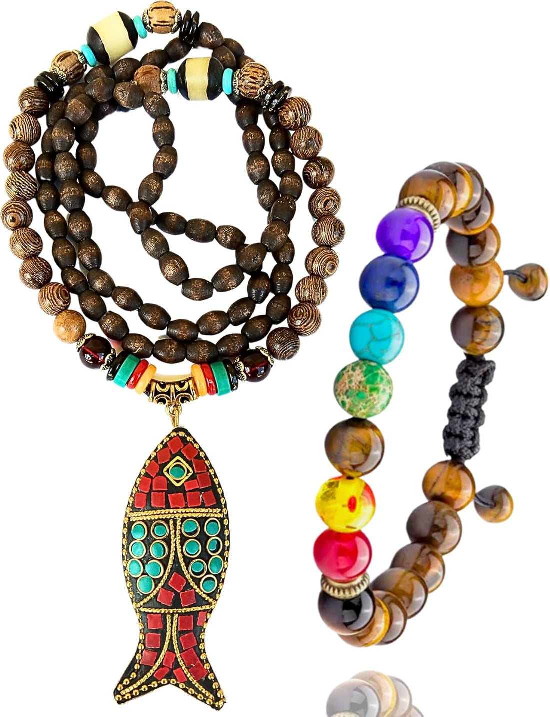 Bohemian Beaded Necklace for Women – Long Boho Pendant with Wooden Mala Beads &amp; Tassel