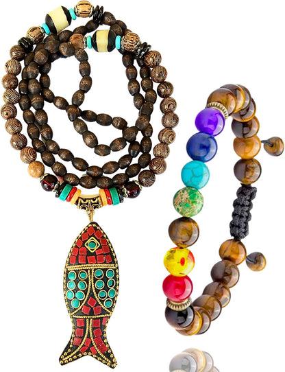 Bohemian Beaded Necklace for Women – Long Boho Pendant with Wooden Mala Beads &amp; Tassel