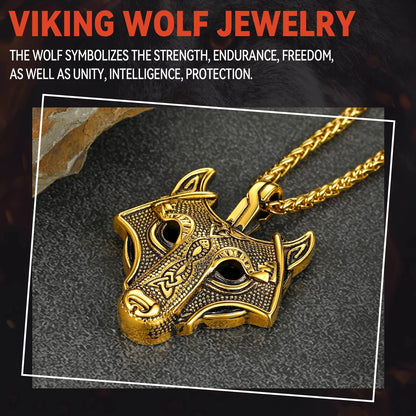 🐺 Viking Wolf Head Necklace for Men – Gold Plated Norse Celtic Amulet Pendant Norse Mythology Wolf Jewelry | Strength &amp; Courage Talisman | Birthday Gift for Men, Friends, Grandson