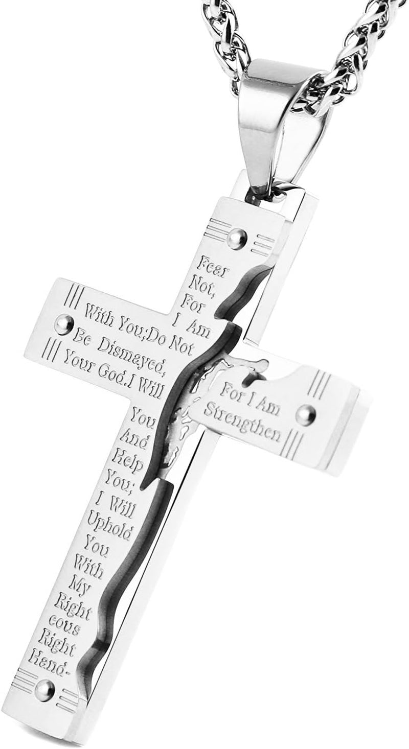 Men’s Stainless Steel Jesus Christ Crucifix Cross Necklace – Lord’s Prayer Pendant for Faith, Strength &amp; Style