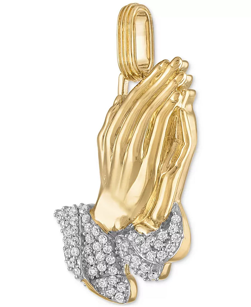 Cubic Zirconia Two-Tone Praying Hands Pendant – Sterling Silver &amp; 14K Gold-Plated Necklace, Created Exclusively for Macy’s