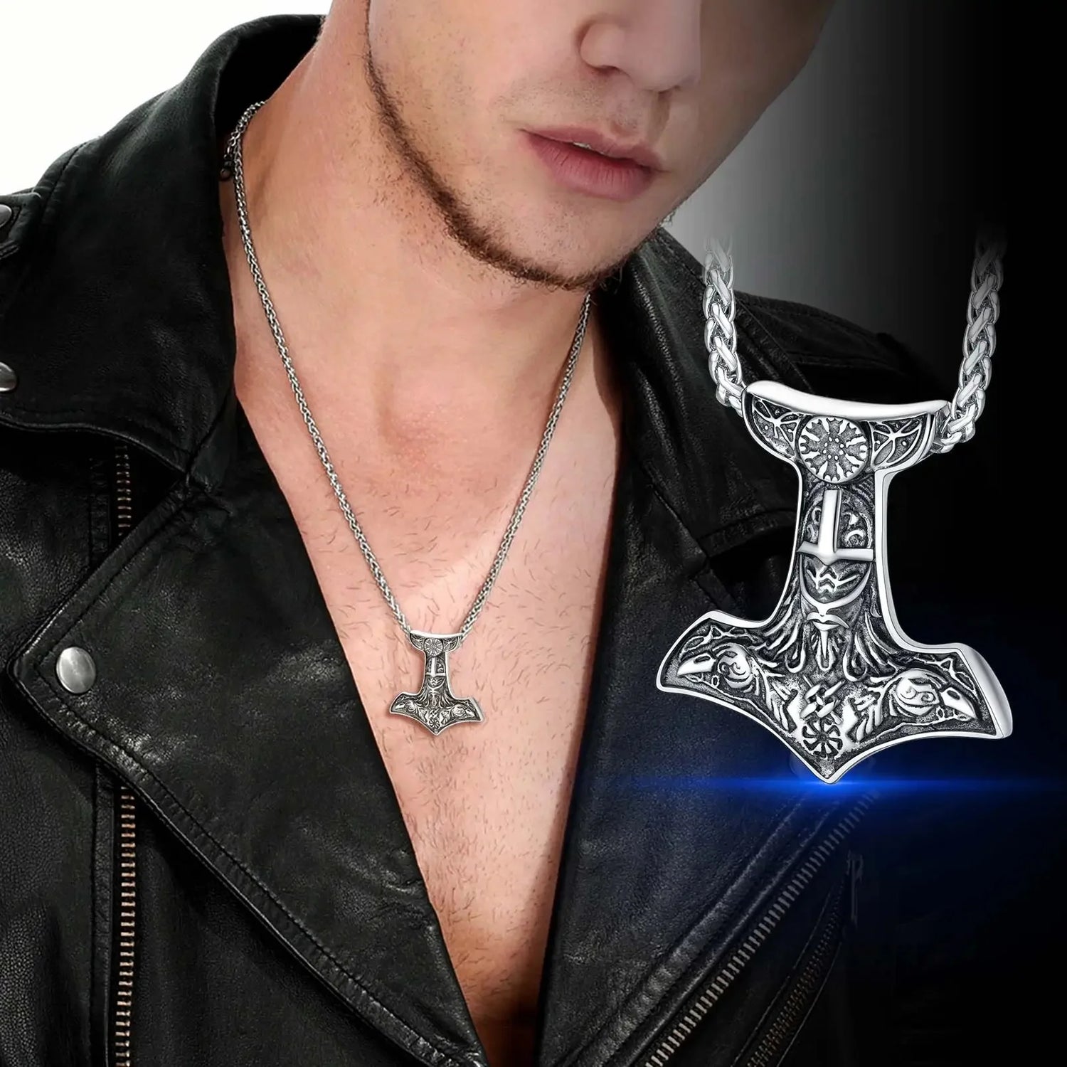 Thor’s Hammer Necklace for Men – Gold Plated Stainless Steel Mjolnir Pendant, Odin &amp; Raven Norse Viking Jewelry