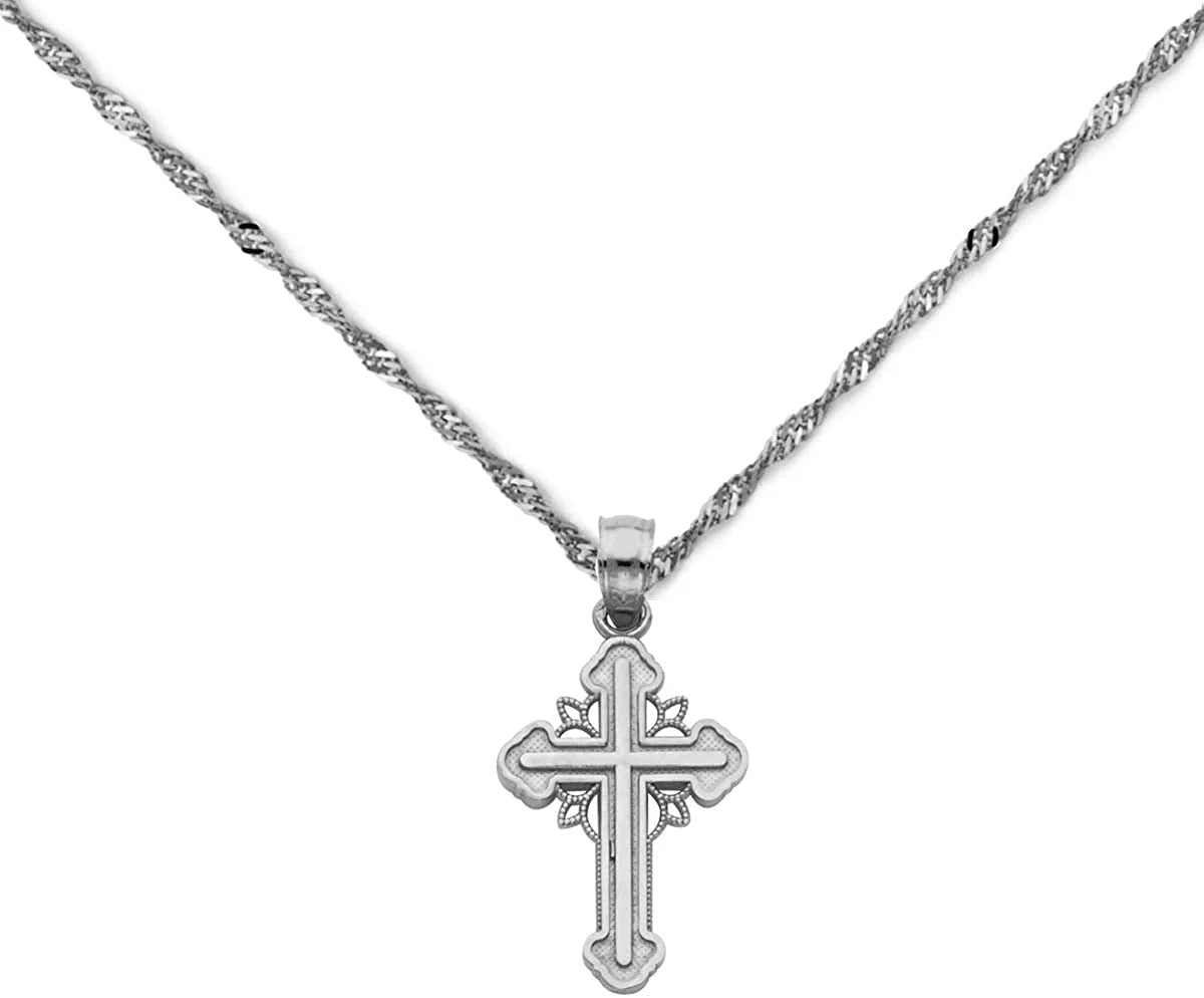 14K White Gold Cross Pendant Necklace with Singapore Chain – Religious Jewelry, 18mm x 15mm