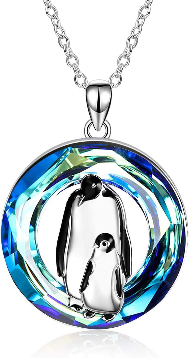Crystal Penguin Mother &amp; Baby Pendant Necklace – 925 Sterling Silver