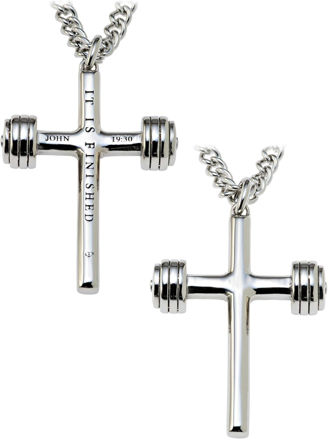 Men’s 14K Gold Plated &amp; Stainless Steel Dumbbell Cross Pendant Necklace – Inscribed with John 19:30 | Faith &amp; Fitness Christian Gift