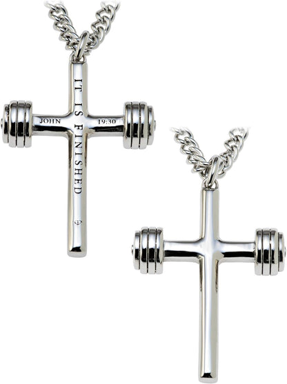 Men’s 14K Gold Plated &amp; Stainless Steel Dumbbell Cross Pendant Necklace – Inscribed with John 19:30 | Faith &amp; Fitness Christian Gift