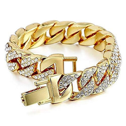 Blinged-Out Cuban Necklace with Matching Bracelet &amp; Fire Iced-Out Timepiece – Boujee 3-Piece Set 2023 (Gold/Gold, CNBW ST10226)